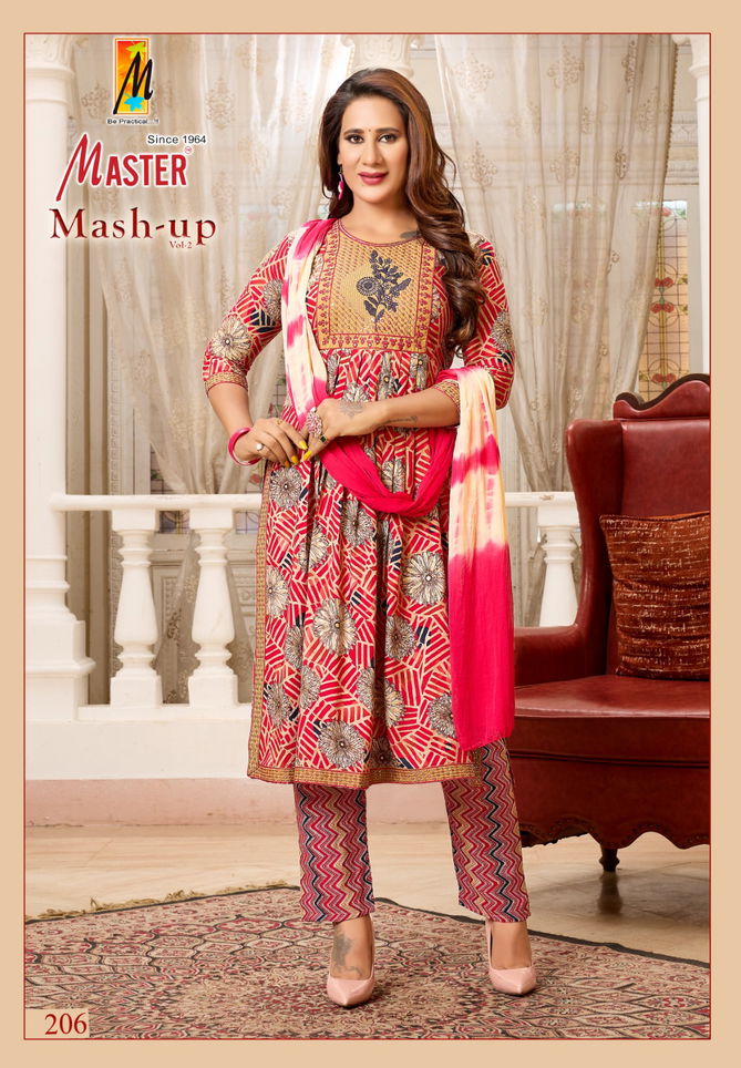 Mash Up Vol 2 By Master Naira Cut Rayon Printed Kurti With Bottom Dupatta Wholesale Online
